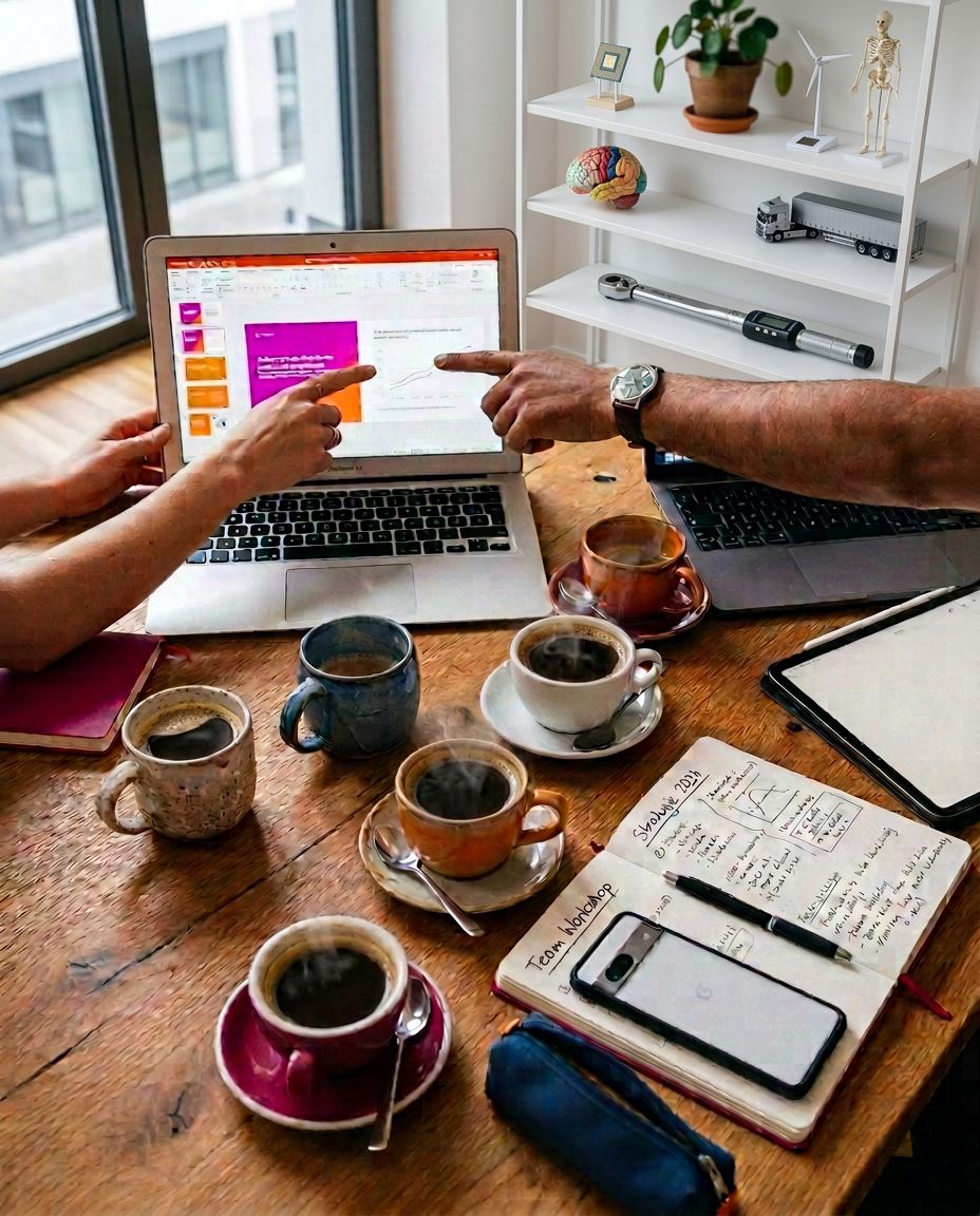 Workshop am Holztisch: Laptops, Notizbuch und Kaffeetassen, zwei Hände zeigen auf eine Präsentation