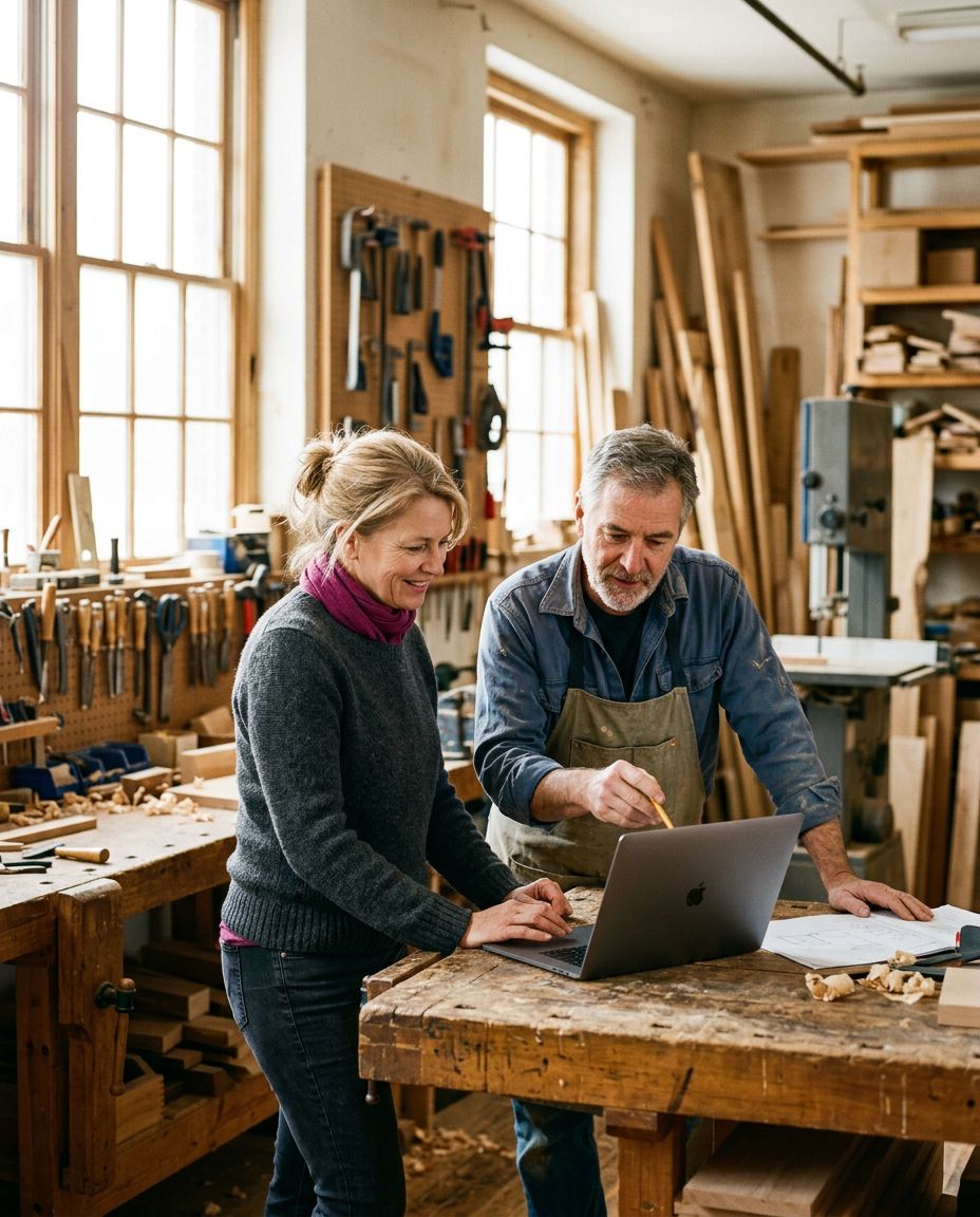Beratung vor Ort: Eine Beraterin und ein Schreiner schauen in seiner Werkstatt gemeinsam auf einen Laptop
